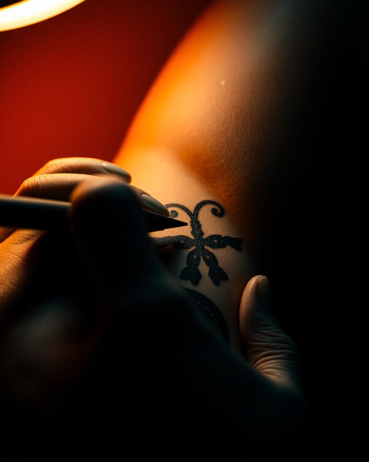 Close up of a blackwork tattoo being finished under a warm studio lamp